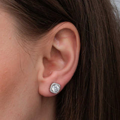 Silver Square Mount Diamond Stud Model Earrings