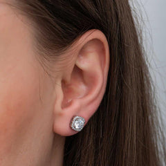 Silver Square Mount Diamond Stud Model Earrings