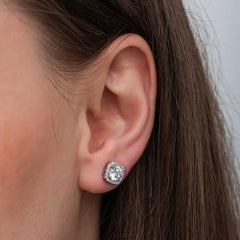 Silver Square Mount Diamond Stud Model Earrings