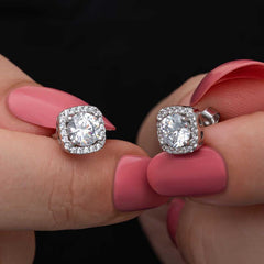 Silver Square Mount Diamond Stud Model Earrings