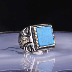 Silver Square Turquoise Stone Men's Ring