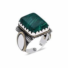 Silver Square Green Agate Stone Men's Ring