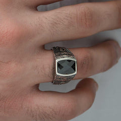Silver Cut Stone Patterned Men's Ring