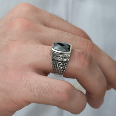 Silver Cut Stone Patterned Men's Ring