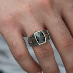 Silver Cut Stone Patterned Men's Ring