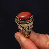 Silver Red Agate Stone Patterned Men's Ring