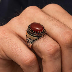 Silver Red Agate Stone Patterned Men's Ring