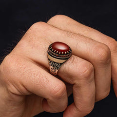 Silver Red Agate Stone Patterned Men's Ring