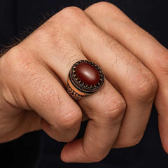 Silver Red Agate Stone Patterned Men's Ring