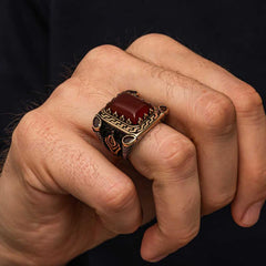 Silver Red Agate Stone Men's Ring