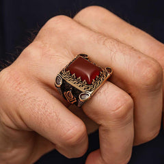 Silver Red Agate Stone Men's Ring