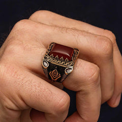 Silver Red Agate Stone Men's Ring