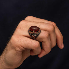 Bague homme en argent et pierre d'agate rouge
