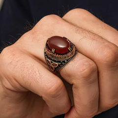 Bague homme en argent et pierre d'agate rouge
