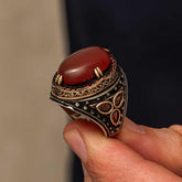 Silver Red Agate Stone Men's Ring