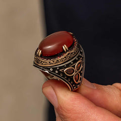 Bague homme en argent et pierre d'agate rouge