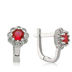 Silver Red Flower Patterned Round J Women's Earrings