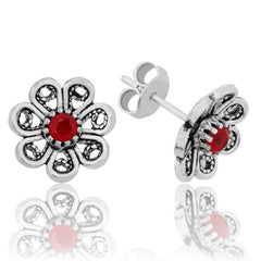 Silver Red Filigree Flower Stud Earrings