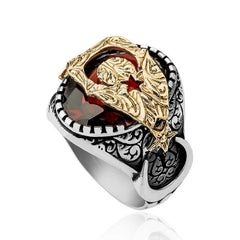 Bague homme en argent et pierre rouge à facettes en forme d'étoile en forme de croissant