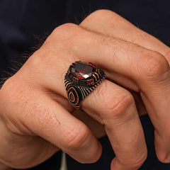 Silver Red Faceted Stone Men's Ring