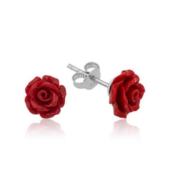 Boucles d'oreilles en argent avec rose rouge