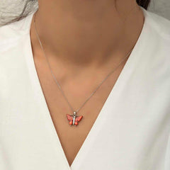 Silver Red Tiger's Eye Stone Butterfly Necklace