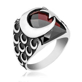 Silver Red Cut Stone Crescent Star Men's Ring