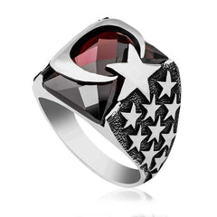 Silver Red Cut Stone Crescent Star Men's Ring