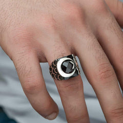Silver Red Cut Stone Crescent Star Men's Ring
