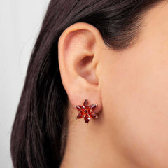 Silver Red Lotus Flower Stud Earrings