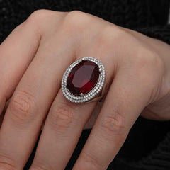 Silver Red Oval Stone Women's Ring