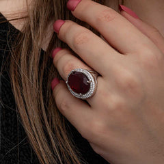 Silver Red Oval Stone Women's Ring