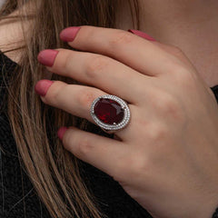 Silver Red Oval Stone Women's Ring