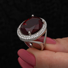 Silver Red Oval Stone Women's Ring