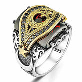Silver Red Stone Crescent Star Men's Ring