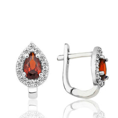 Silver Red Stone Drop J Women's Earrings