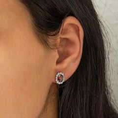 Silver Red Flower Patterned J Women's Earrings