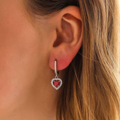 Silver Red Stone Heart Women's Earrings