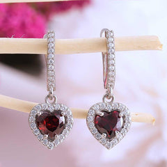 Silver Red Stone Heart Women's Earrings