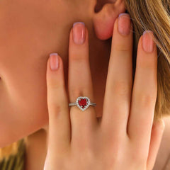 Silver Red Stone Heart Women's Ring