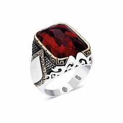 Silver Red Zircon Stone Square Men's Ring