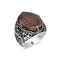 Bague homme ovale en argent et zircon rouge