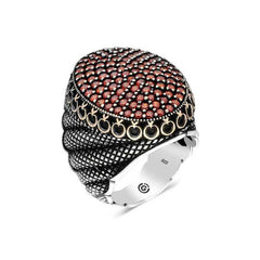 Bague homme ovale en argent et zircon rouge