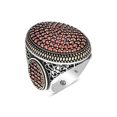 Bague homme ovale en argent et zircon rouge