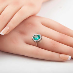 Silver Dark Green Stone Oval Women's Ring