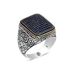Bague homme carrée en argent et zircon bleu marine
