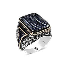 Bague homme carrée en argent et zircon bleu marine