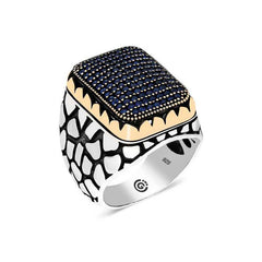 Bague homme carrée en argent et zircon bleu marine