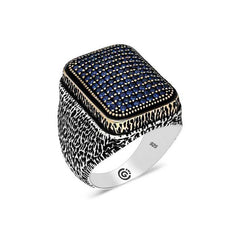 Bague homme carrée en argent et zircon bleu marine
