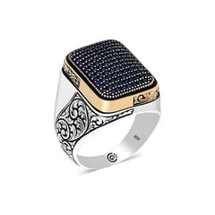 Bague homme carrée en argent et zircon bleu marine